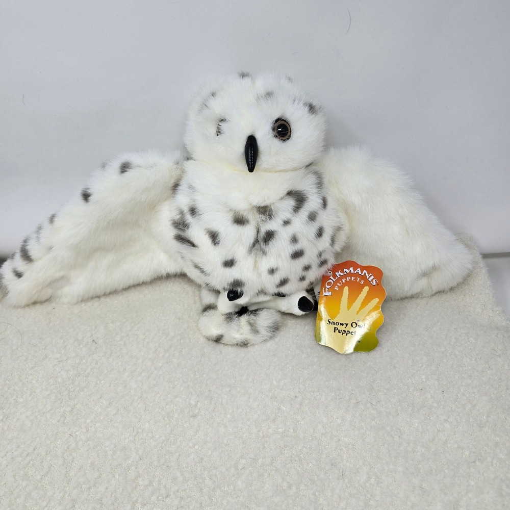 New Folkmanis Snowy Spotted Owl Hand Puppet-22" Wingspan Head Turns 360 Degrees